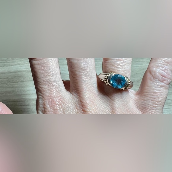 Vintage Designer Signed Sterling Silver & 14k Gold Beaded Blue Topaz Ring - Picture 9 of 11
